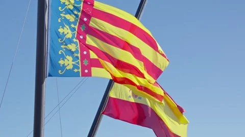 Vibrant flags fluttering in a sunny coastal breeze Stock Footage 308811784
