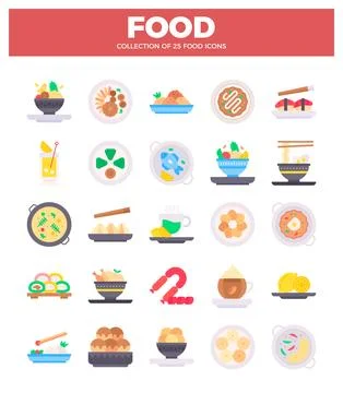 A vibrant flat-designed food icons. showcasing diverse culinary dishes and .. Stock Illustration