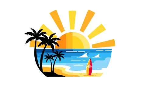 A vibrant, flat-style vector graphic of a tropical beach sunset featuring pal 스톡 일러스트