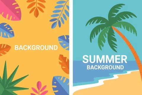Vibrant flat of summer palm trees and tropical flowers on bright backgrounds イラスト素材