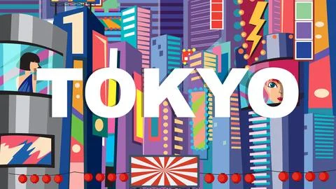 Vibrant Flat Vector Illustration of a Busy Tokyo Cityscape with Neon Lights Stock Illustration