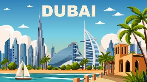 Vibrant flat vector illustration of Dubai landmarks, coastal scenery, and tra Stock Illustration