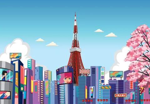 Vibrant flat vector illustration of a Japanese city skyline with tower and ch Stock Illustration