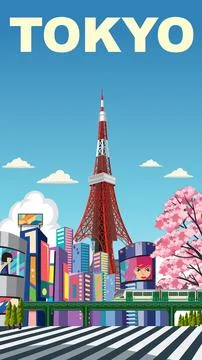 Vibrant flat vector poster of a metropolitan skyline with cherry blossoms and 스톡 일러스트