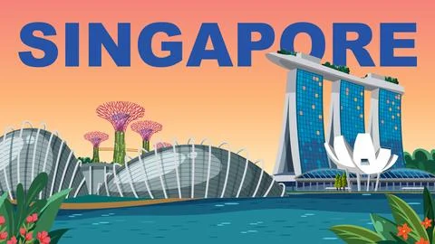 Vibrant flat vector travel poster of Singapore skyline landmarks against a su Stock Illustration
