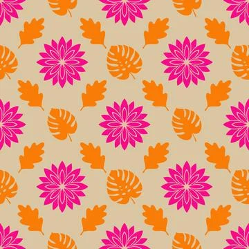 Vibrant Floral and Leaf Pattern on Beige Background. Stock Illustration