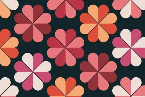 Vibrant floral geometric pattern with red, pink, and white petals on black .. Stock Illustration