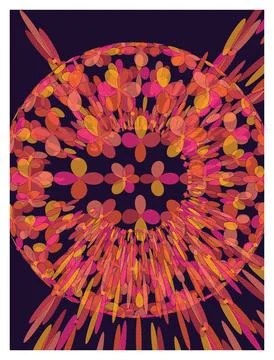 Vibrant floral pattern arranged in sphere shape with warm orange pink tones. Stockillustratie