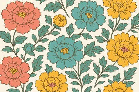 Vibrant floral pattern with blooming peonies in coral teal and yellow Stock Illustration