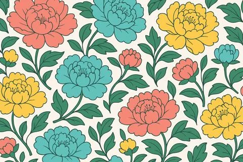 Vibrant floral pattern with blooming peonies in coral yellow and teal Stock Illustration