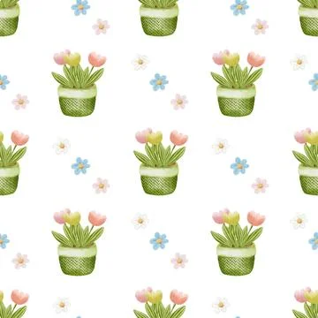 Vibrant floral pattern featuring tulips and daisies on a seamless design ba.. Stock Photos