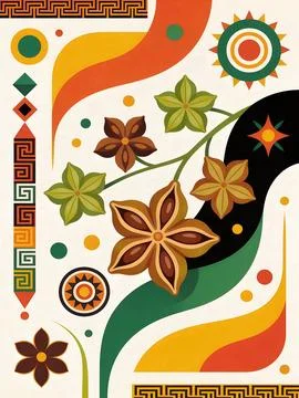 Vibrant floral pattern with star shaped flowers and geometric designs Stockillustratie