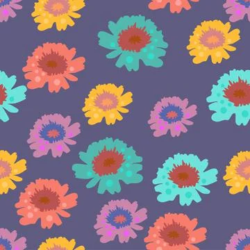 Vibrant floral seamless vector repeat pattern in bright multicolor on a purpl Stock Illustration