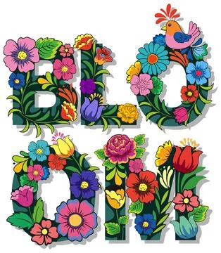 Vibrant Floral Typography Vector Art with the Word Bloom and Bird Illustrazione stock
