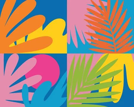 Vibrant four-panel abstract digital with geometric shapes and rainbow gradien Stock Illustration
