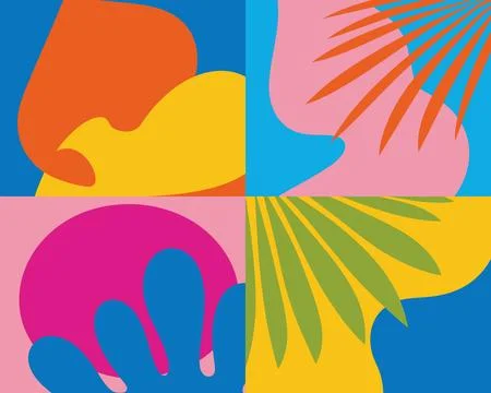 Vibrant four-panel abstract with wavy shapes in bright colors Stock Illustration