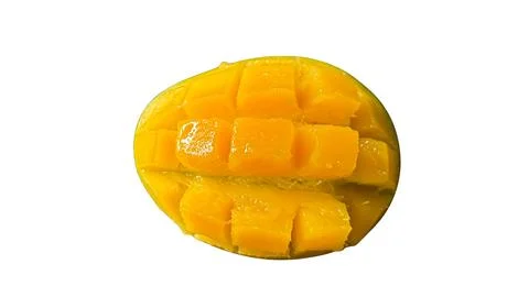 Vibrant fresh mango half expertly scored into juicy cubes on white background Stock Photos