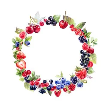 A vibrant fruit wreath on white background, great for decoration with a fruity Stock Illustration