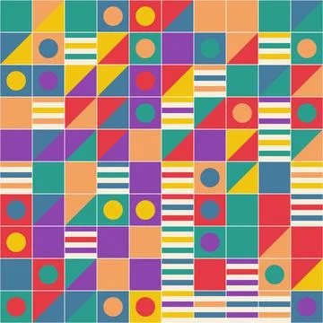 Vibrant geometric abstract pattern with circles triangles stripes colorful .. Stock Illustration