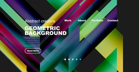Vibrant geometric background design. Website header features text, navigation, Stock Illustration
