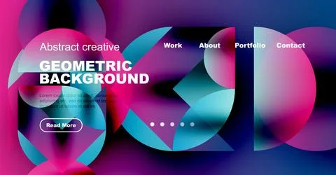 Vibrant geometric background design. Website header features text, buttons, Stock Illustration