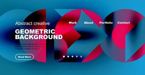 Vibrant geometric background design. Website header features text, navigation, Stock Illustration