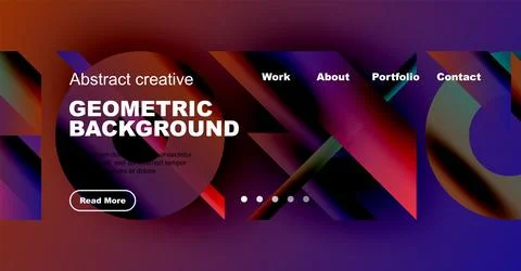 Vibrant geometric background features abstract shapes, text overlays, navigation Illustrazione stock