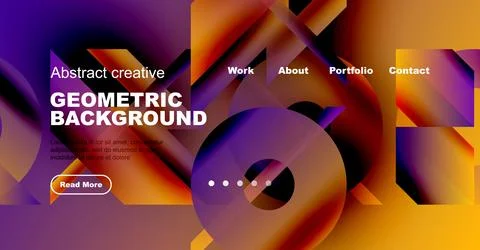 Vibrant geometric background features bold typography, navigation menu, plus Stock Illustration