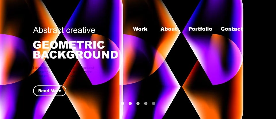 Vibrant geometric background features flowing shapes, text overlays, navigati Stock Illustration