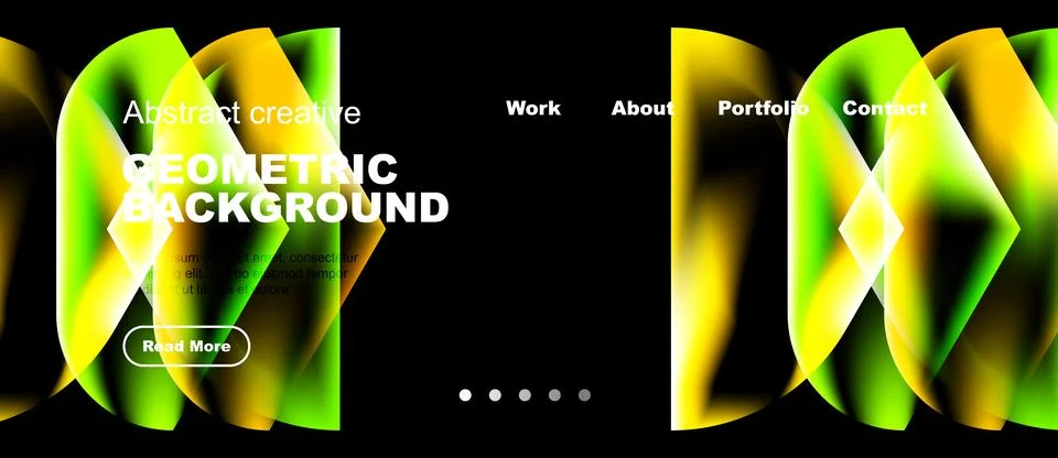 Vibrant geometric background features flowing shapes, text overlays, navigati Stockillustratie