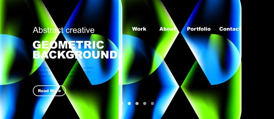 Vibrant geometric background features flowing shapes, text overlays, navigati Stock Illustration