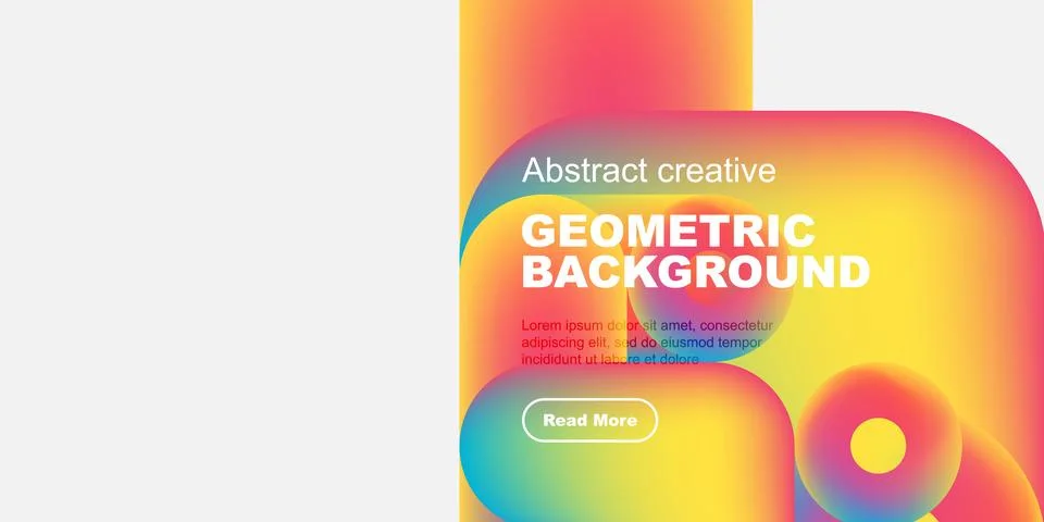 Vibrant geometric background features gradient colors, text, button. Modern Illustrazione stock