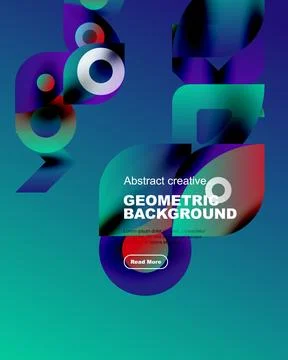 Vibrant geometric background features overlapping shapes, bold text, plus button Stock Illustration