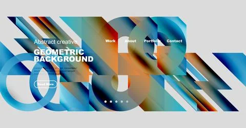 Vibrant geometric background features overlapping shapes, text elements, Stock Illustration