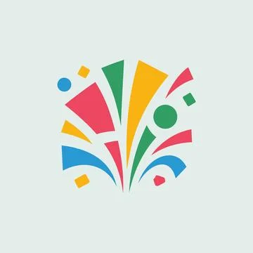 Vibrant geometric burst with multicolored triangles and circles on white ba.. Stockillustratie