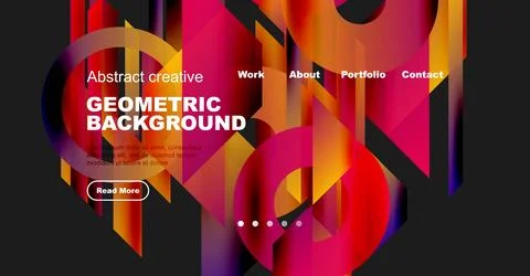 Vibrant geometric design. Website header features bold text, navigation, plus Stock Illustration
