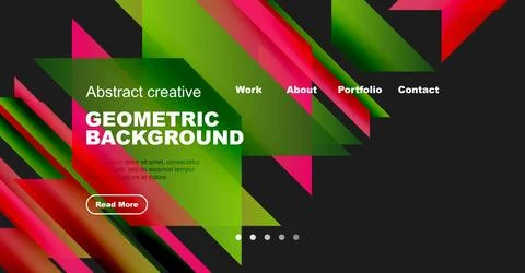 Vibrant geometric design. Website header features bold colors, text, navigation Stock Illustration