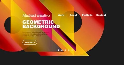 Vibrant geometric design. Website header features bold text, shapes, navigation Stock Illustration