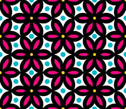 Vibrant geometric floral pattern with pink petals and blue circles on white Stock Illustration