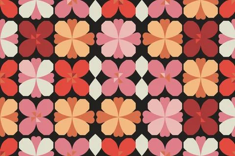 Vibrant geometric floral pattern with pink, yellow, orange, and red flowers.. Stock Illustration