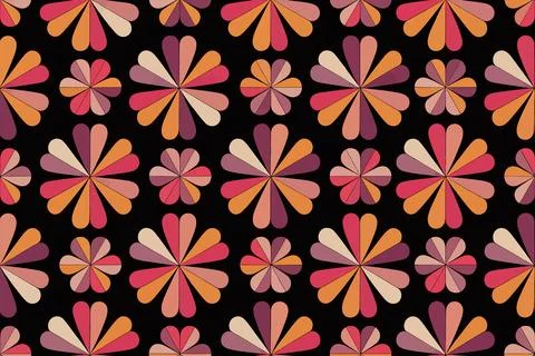 Vibrant geometric flower pattern with pink and yellow petals on black backg.. Stock Illustration