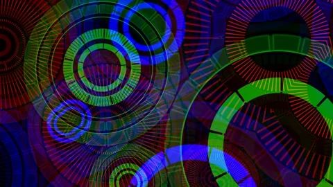 Vibrant geometric loop features overlapping colorful circles and technical Stock Footage 345375388