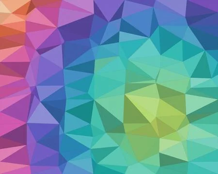 A vibrant geometric low-poly pattern blends purple, blue, and green triangl.. Illustrazione stock
