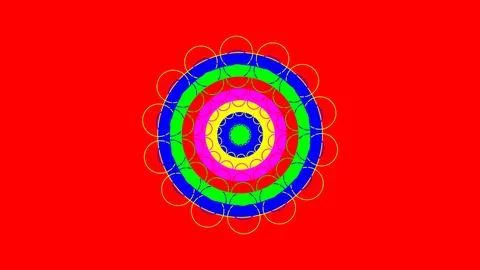 Vibrant geometric mandala with multiple concentric rings in pink, yellow, gre Illustration