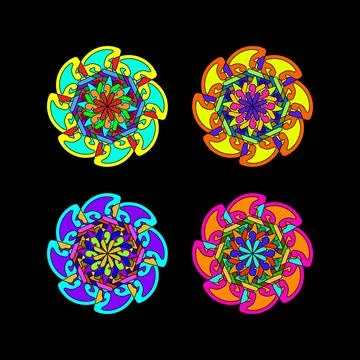 Vibrant Geometric Mandala Pattern with Interlocking Swirls in Cyan, Orange .. Stock Illustration