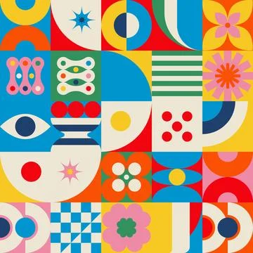 Vibrant Geometric Mosaic Pattern with Eyes and Vases Vector 스톡 일러스트