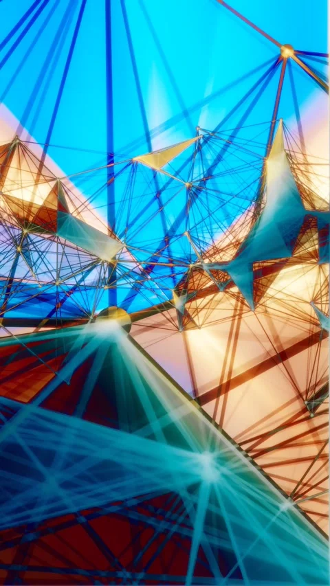 Vibrant geometric network mesh glowing light rays blue orange polygons Stock Footage 344723880