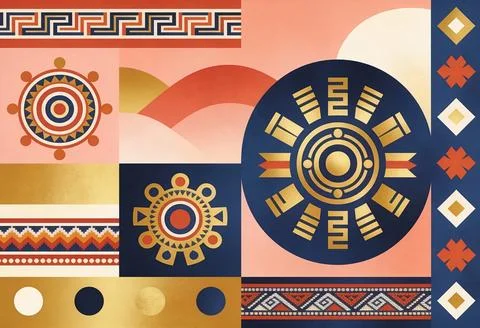 Vibrant geometric pattern with Aztec inspired designs and gold accents Illustrazione stock
