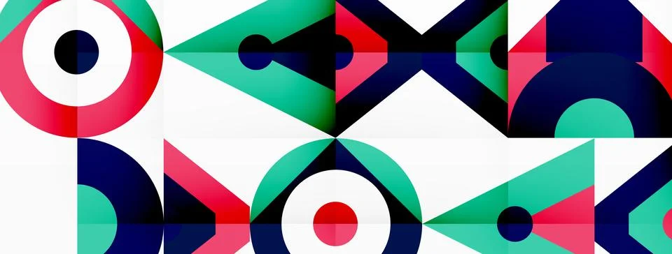 A vibrant geometric pattern with circles and triangles on a white canvas Stock Illustration