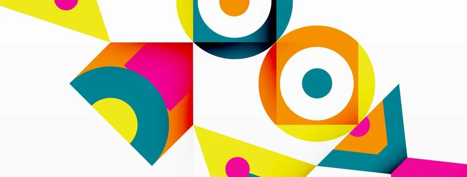 Vibrant geometric pattern with circles and triangles on a white backdrop Illustrazione stock